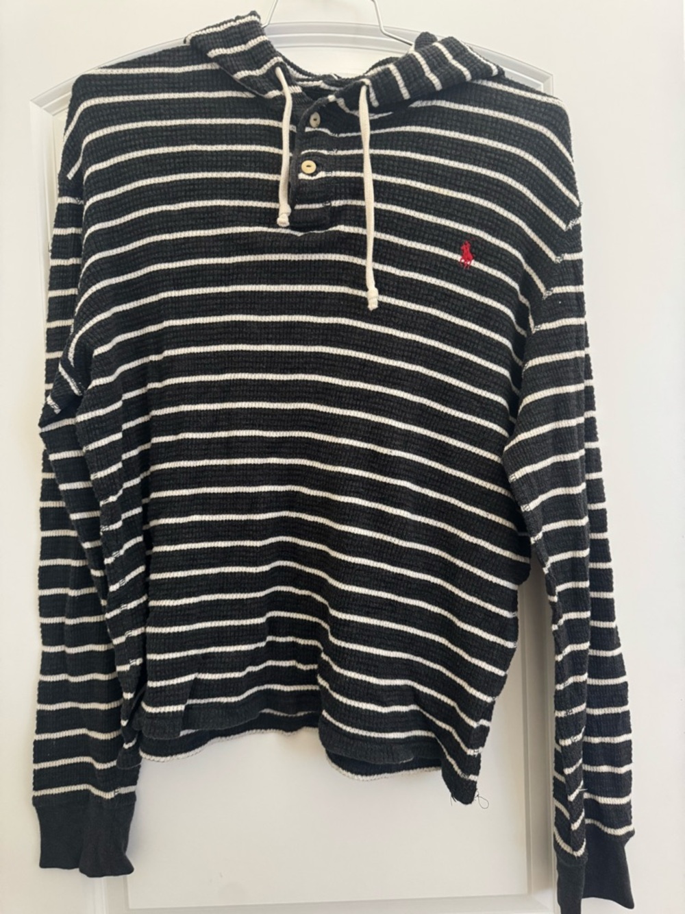 Polo by Ralph Lauren Grey & White Striped Hooded Knit Pullover size large